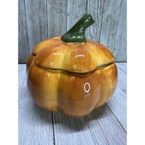 Vtg Ceramic Orange Pumpkin Jar with Lid 5" DIA Tien Hsing Int'l Trading Co.